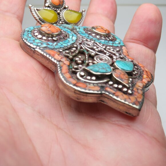 *925 Silver Antique Tibetan Coral Turquoise Pendant - Picture 3 of 8
